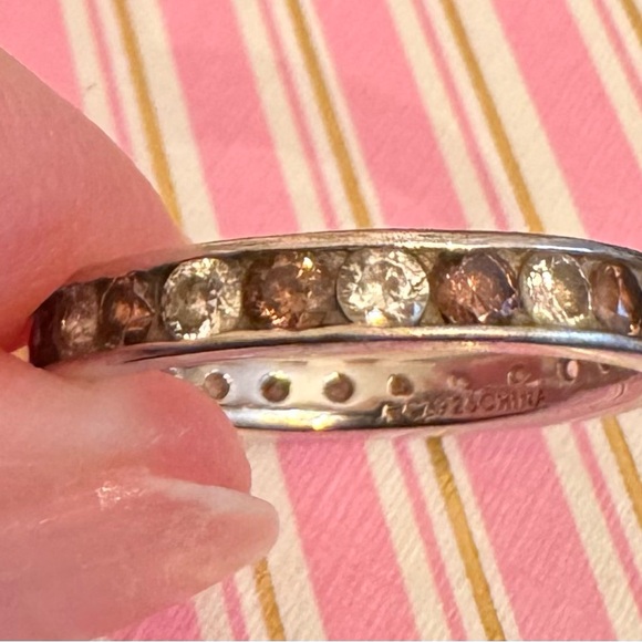 Diamonique Sterling Silver Champagne and Clear Stone Band Style Ring - Size 7 - Picture 1 of 5